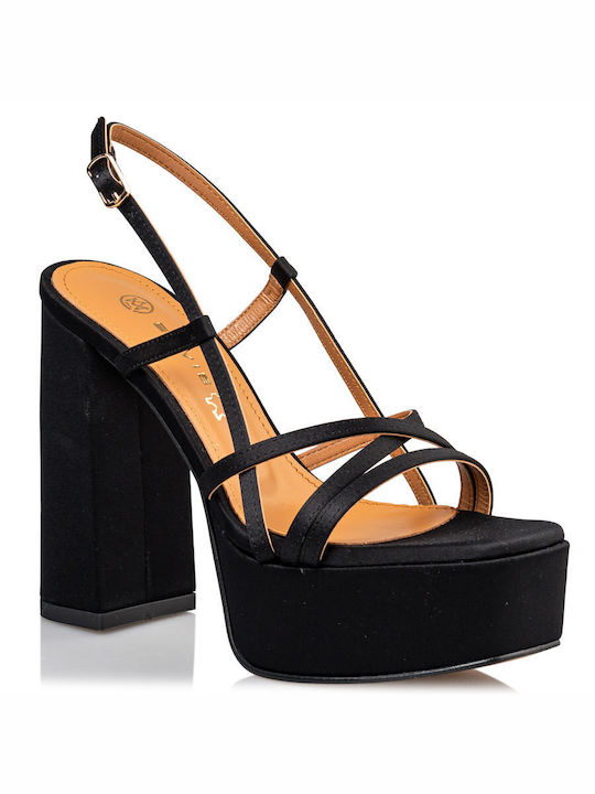 Envie Shoes Υφασμάτινα Γυναικεία Πέδιλα με Χοντρό Ψηλό Τακούνι σε Μαύρο Χρώμα