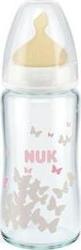 Nuk First Choice Μπιμπερό Γυάλινο Λευκό Πεταλούδες, Θηλή Καουτσούκ Νο 1 240ml