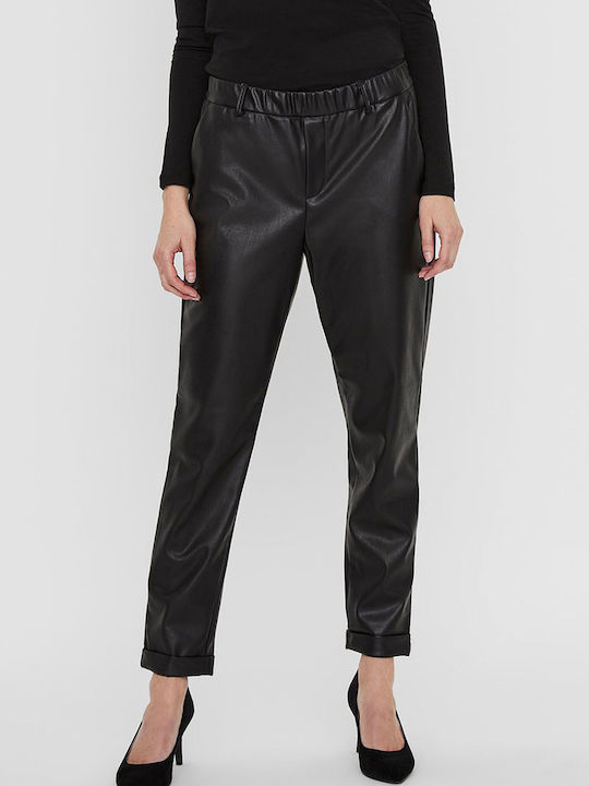 Vero Moda Women's High Waist Leather Trousers with Elastic in Loose Fit Black