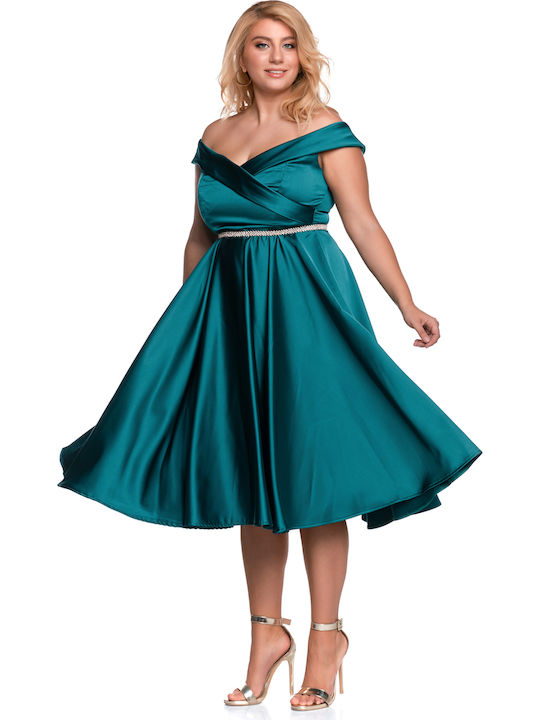 RichgirlBoudoir Midi Dress for Wedding / Baptism Satin Off-Shoulder Turquoise