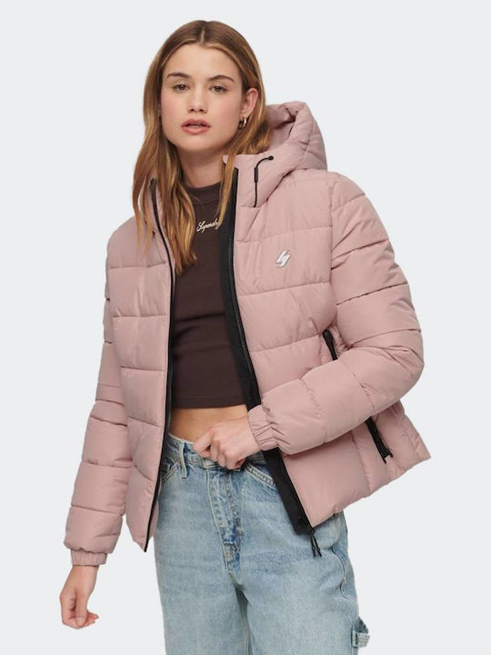 Superdry Women's Short Puffer Jacket Waterproof for Winter with Hood Pink