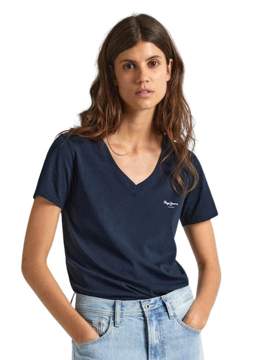 Pepe Jeans Γυναικείο T-shirt με V Λαιμόκοψη Μπλε