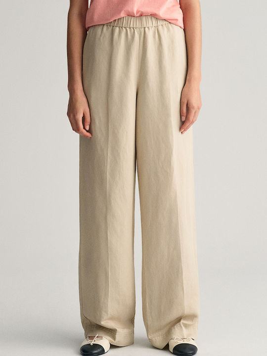 Gant Women's High Waist Linen Trousers with Elastic in Straight Line Ecru