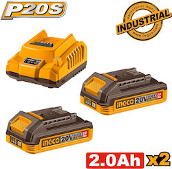 Ingco Set of 2 Tool Batteries Lithium 20V with Charger FBCPK2212E