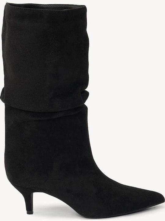 Μαύρα Μποτάκια Suede Kitten Heel Μυτερή Μύτη