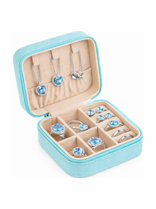 Portable Travel Jewellery Case 10×10×5cm Pu Leather — Earrings Necklace Rings Bracelets Light Blue Sn00006