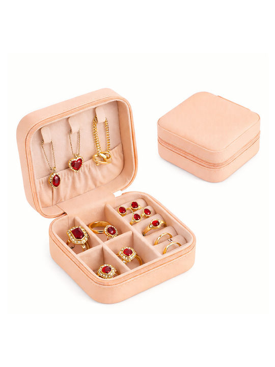Jewellery Box Portable Travel 10×10×5cm Faux Leather — Earrings Necklace Rings Bracelets Peach Sn00004