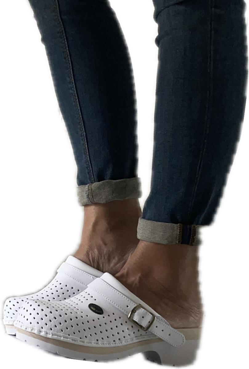 Scholl Super Comfort Leather Anatomic Clogs White