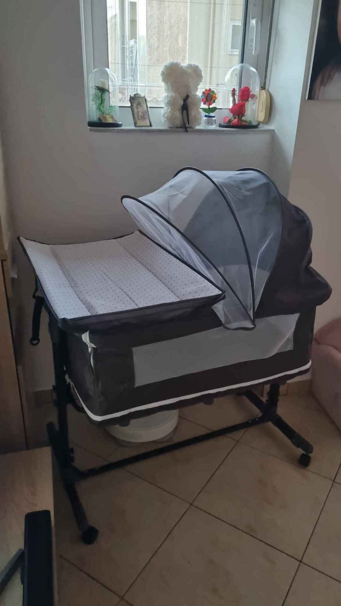 Cradle-Park with Mattress, Side Opening, and Wheels Gray