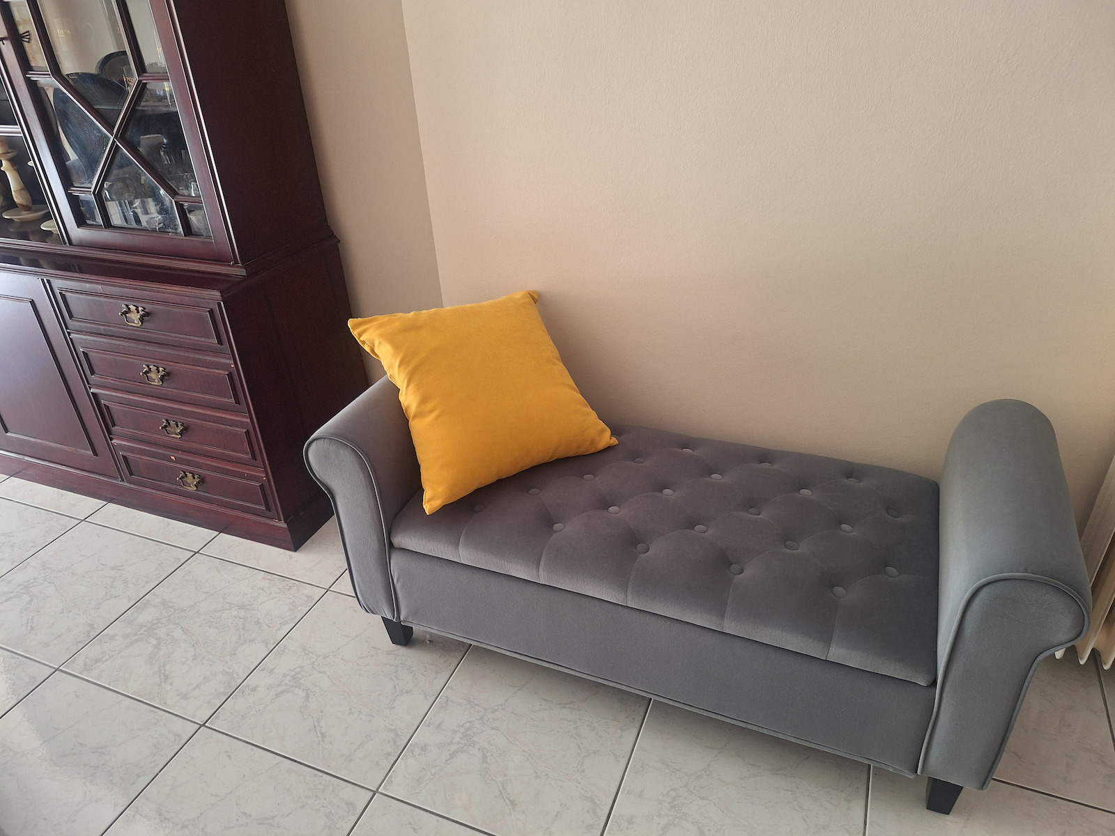 Bench Stool With Storage Space Upholstered In Gray Velvet 126x48.5x57cm