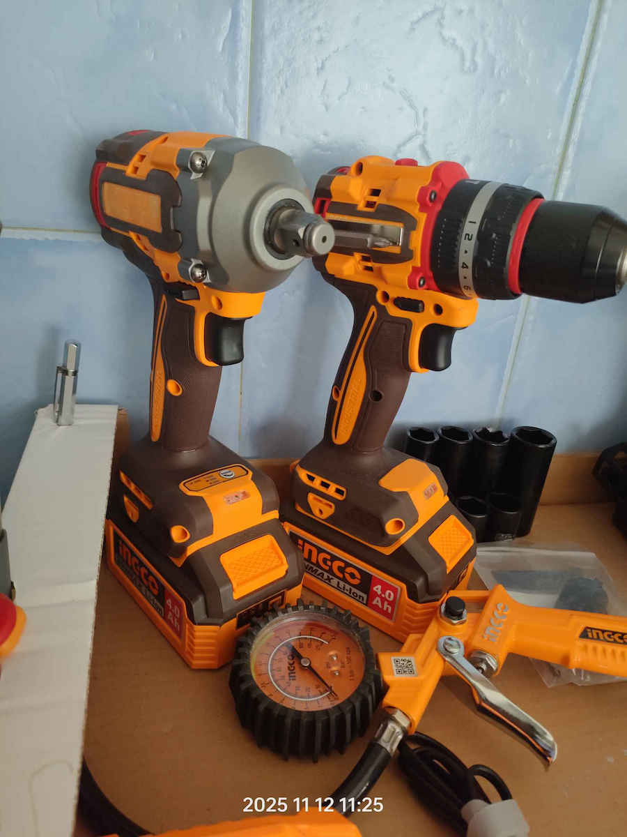 Ingco Set Angle Wheel & Impact Drill Driver & Impact Driver & Hammer & Lens Brushless 20V with 2 Batteries 4Ah and Case