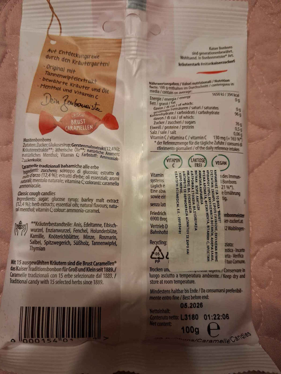 Kaiser 1889 Brust Caramellen Καραμέλες Χωρίς Ζάχαρη & Γλουτένη 75gr 16τμχ