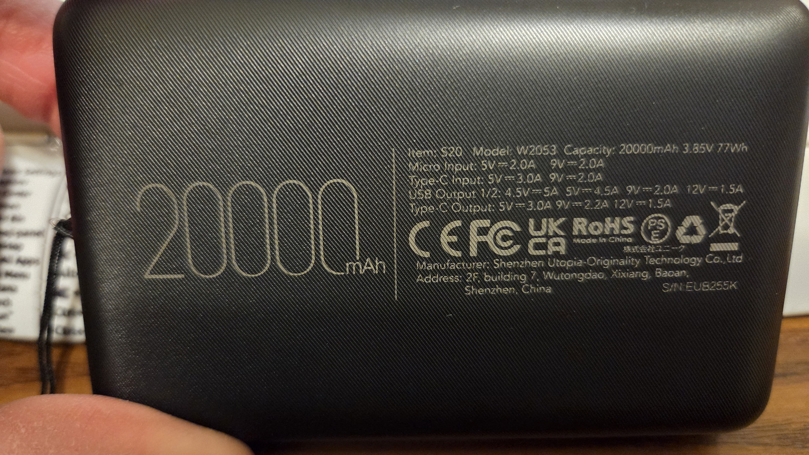 Veger S20 Power Bank 20000mAh 20W με 2 Θύρες USB-A και Θύρα USB-C Power Delivery / Quick Charge 3.0 Μαύρο