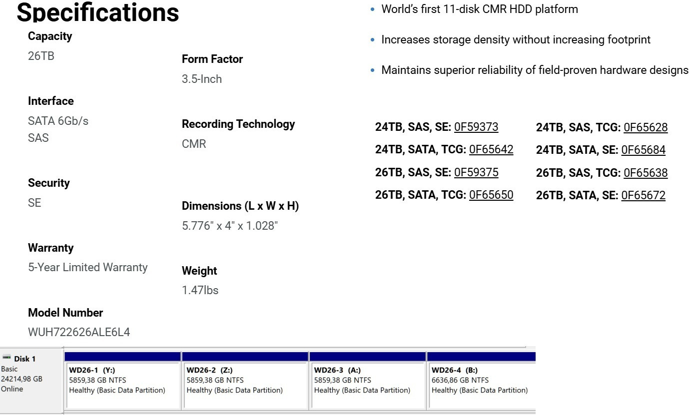 Western Digital DC HC690 26TB HDD Hard Drive 3.5" SATA III 7200rpm with 512MB Cache for NAS / Server / Recorder 0F65672