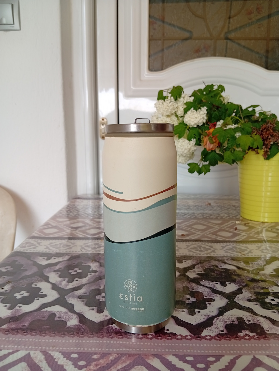 Estia Travel Cup Save the Aegean Recyclable Glass Thermos Stainless Steel / Plastic BPA Free 300ml Blossom Rose with Straw