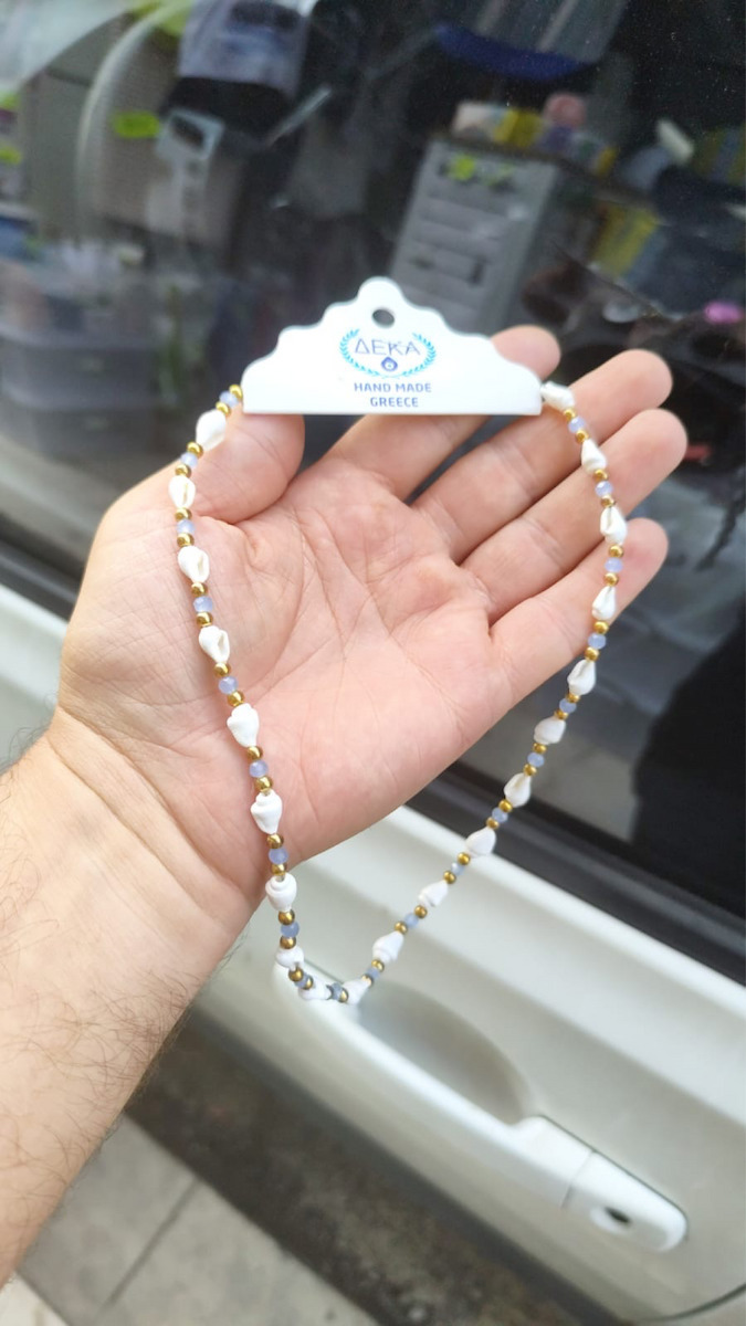 Deka Handmade Necklace Natural Seashell Stones Metal Chain 50 cm Baby Blue