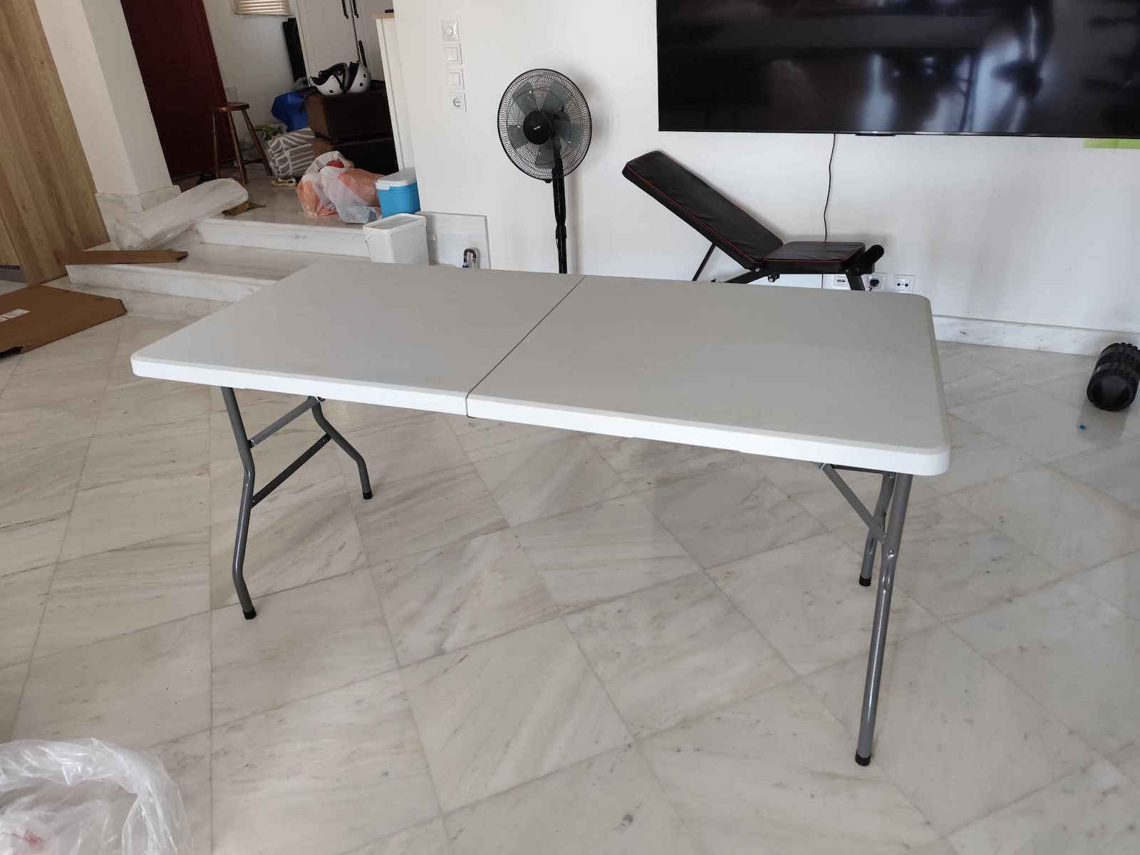Πλαστικό Τραπέζι Catering Εξωτερικού Χώρου Πτυσσόμενο με Μεταλλικό Σκελετό Λευκό 152x69x74εκ.
