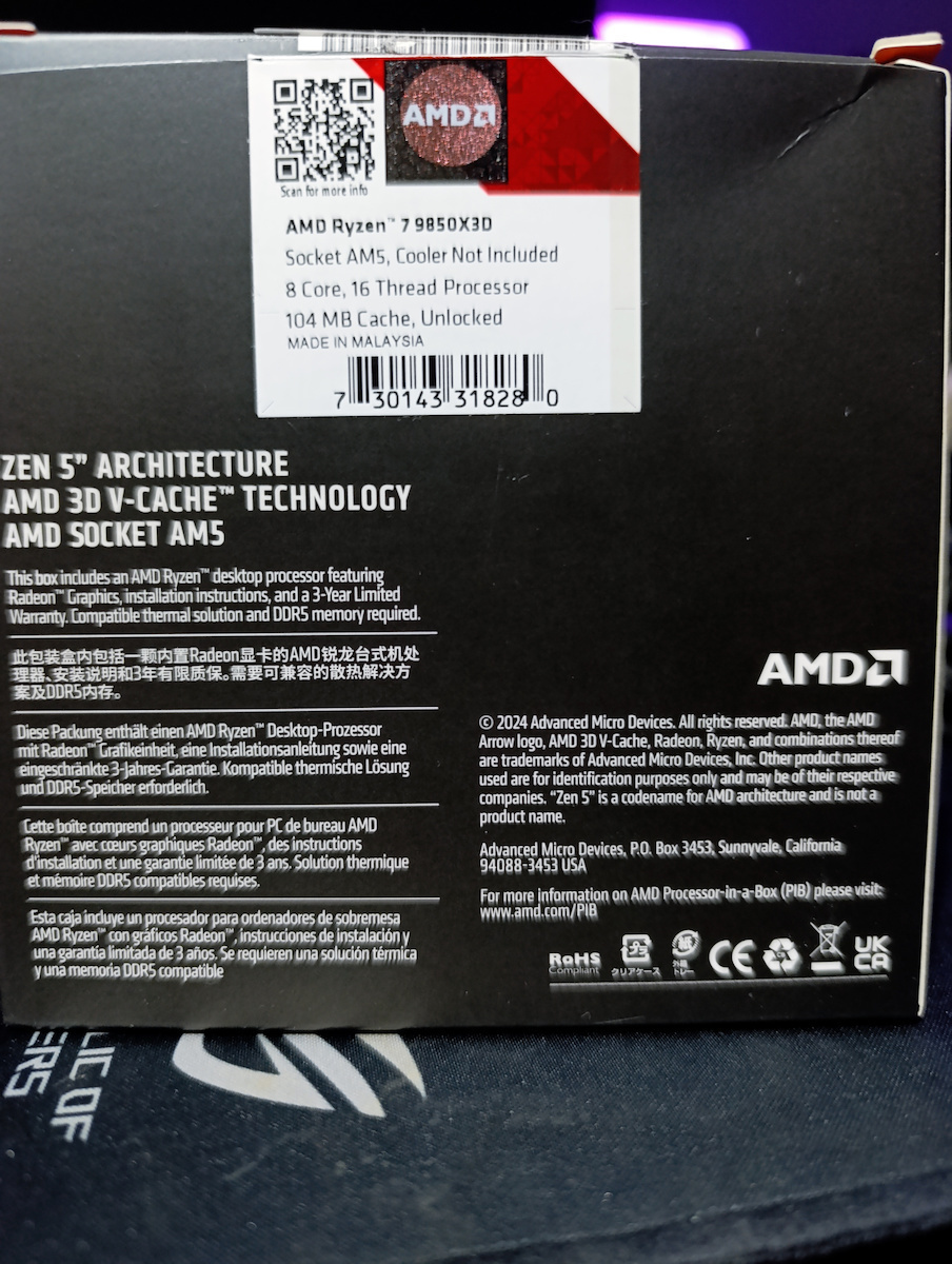 AMD Ryzen 7 9850X3D 4.7GHz Processor 8 Cores For Socket AM5 Tray
