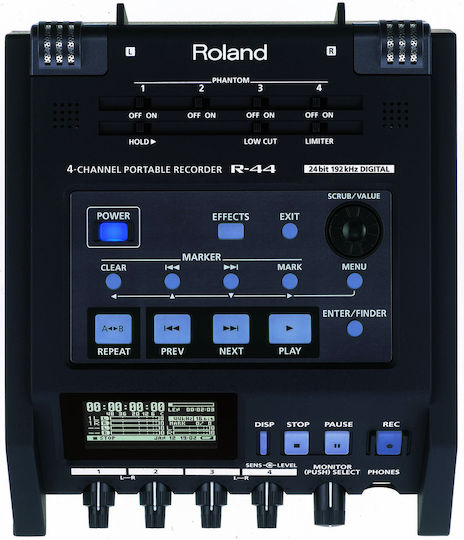 Roland R-44 Πολυκάναλος Ψηφιακός Φορητός Εγγραφέας Μπαταρίας/Ρεύματος για Εγγραφή σε Κάρτα Μνήμης με Phantom Power