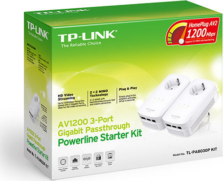 TP-LINK TL-PA8030P KIT v1 Powerline Double Wired with Passthrough Socket and 3 Gigabit Ethernet Ports