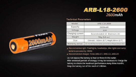 Fenix Rechargable Battery 18650 Li-ion 2600mAh 3.6V 1pcs