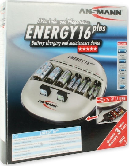 Ansmann Energy 16 Plus Φορτιστής 12 Μπαταριών Ni-Cd/Ni-MH Μεγέθους AA/AAA/9V/D σε Λευκό χρώμα