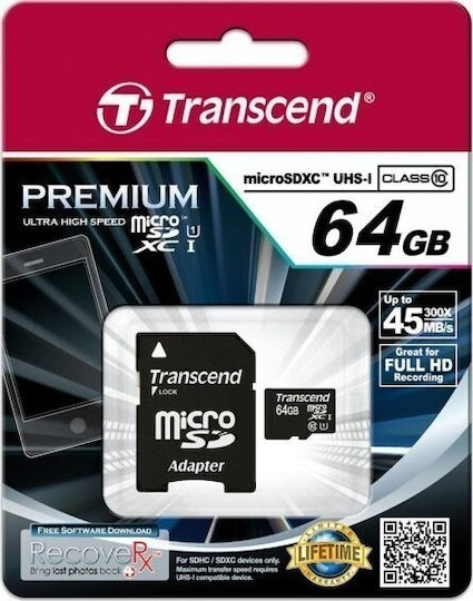 Transcend Premium 400x microSDXC 64GB U1 UHS-I 45MB/s με αντάπτορα