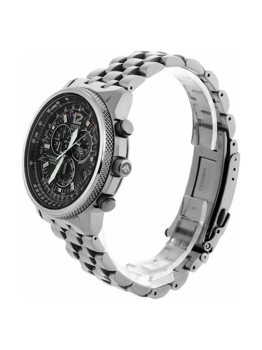 Citizen Promaster World Time Ανδρικό Ρολόι 44mm Χρονογράφος Eco - Drive με Ασημί Μεταλλικό Μπρασελέ