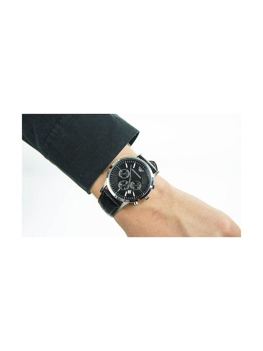 Emporio Armani Ρολόι Χρονογράφος με Δερμάτινο Λουράκι σε Μαύρο χρώμα