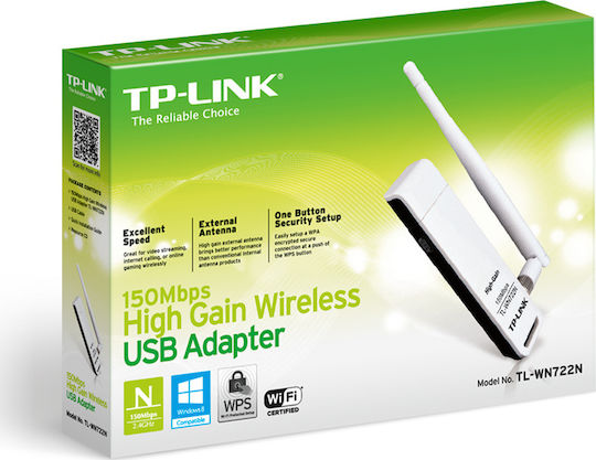 TP-LINK TL-WN722N USB Network Adapter with Wireless Wi-Fi Connection 150Mbps and Detachable Antenna v2