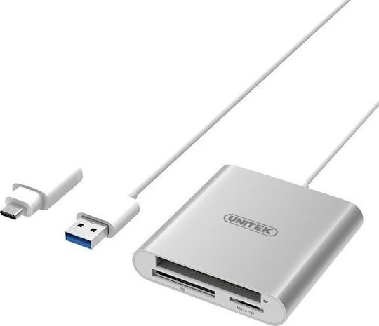 Unitek USB3.0 to Multi-In-One Aluminium Card Reader USB 3.0 за /S/D/ /м/и/к/р/о/ /S/D/ / /C/o/m/p/a/c/t/F/l/a/s/h/ / / сребърен