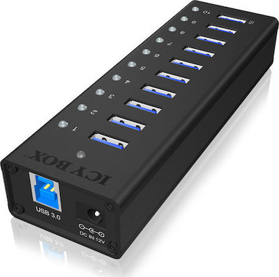 Icy Box USB 3.0 Hub 10 Porturi cu conexiune USB-A și Port de încărcare și Alimentare Externă