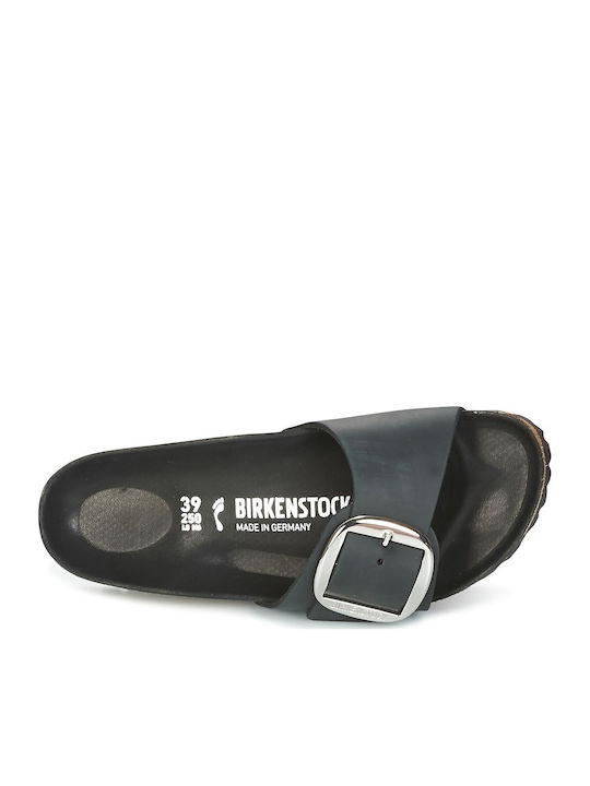 Madrid Big Buckle Oiled Leather Leather Women's Flat Sandals Anatomic in Black Color Narrow Fit