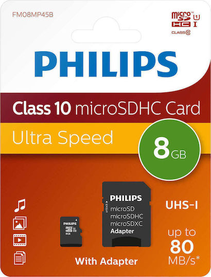 Philips FM08MP45B microSDHC 8GB U1 V10 High Speed με αντάπτορα