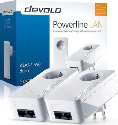 Devolo dLAN 550 Duo+ Powerline Διπλού Kit για Ενσύρματη Σύνδεση με Passthrough Πρίζα και 2 Θύρες Ethernet