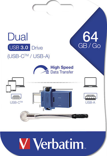 Verbatim Dual Drive 64GB USB 3.0 Stick with connection USB-A & USB-C Black
