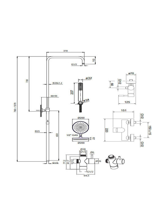 La Torre Tech 12065 Ρυθμιζόμενη Στήλη Ντουζ με Μπαταρία 83-144cm Ασημί