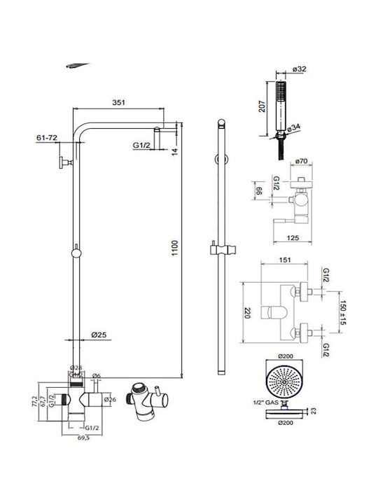 La Torre Tech Shower Column with Mixer 117cm Silver