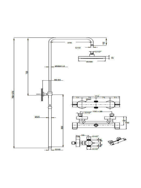 Eurorama Rebel Slim Coloană De Duș Reglabilă Cu Mixer De Cadă 76-137cm Argintie