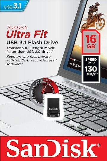 Sandisk Ultra Fit 16GB USB 3.1 Стик Черен