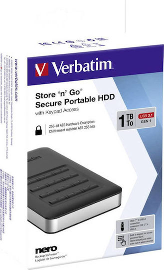 Verbatim Store 'n' Go Secure with Keypad Access USB 3.1 / USB-C External 2.5" HDD 1TB Black