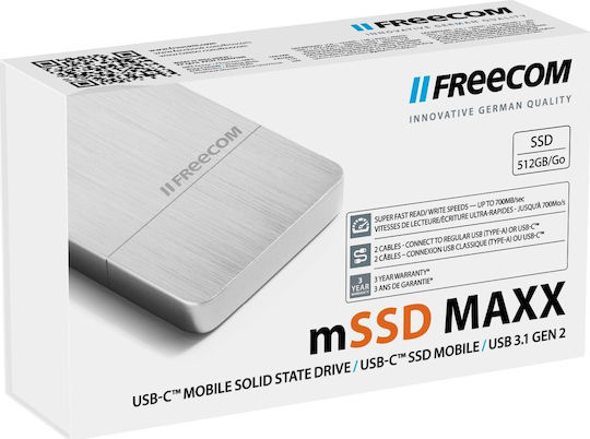 Freecom MSSD Maxx External Hard Drive USB 3.1 / USB-C 512GB 2.5 Inch Silver