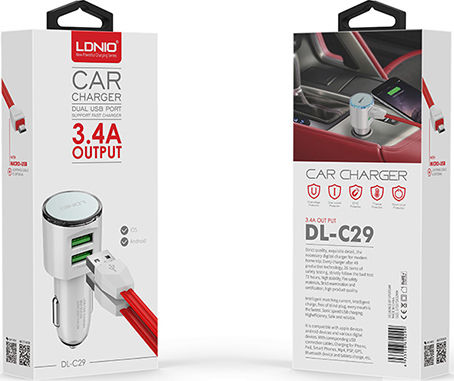 Ldnio DLC29 Автомобилен Зарядно Устройство 3.4A с Портове 2xUSB-A Бял Цвят