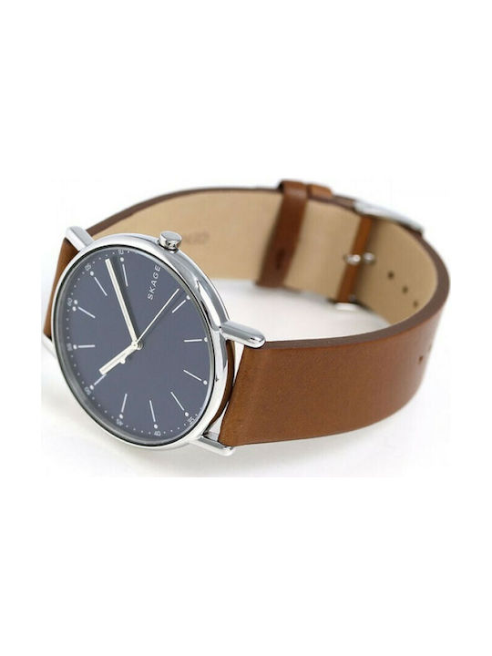 Skagen Ανδρικό Ρολόι 40mm Μπαταρίας με Καφέ Δερμάτινο Λουράκι