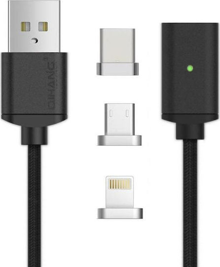 Magnetic USB to Lightning / Type-C / micro USB 1m 2.1A Cable (QH-C3670-BL)