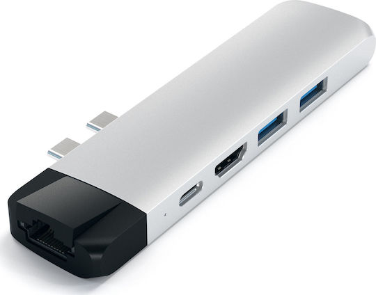 Satechi Двоен USB-C Докинг станция с HDMI 4K PD Ethernet Сребрист (ST-TCPHES)