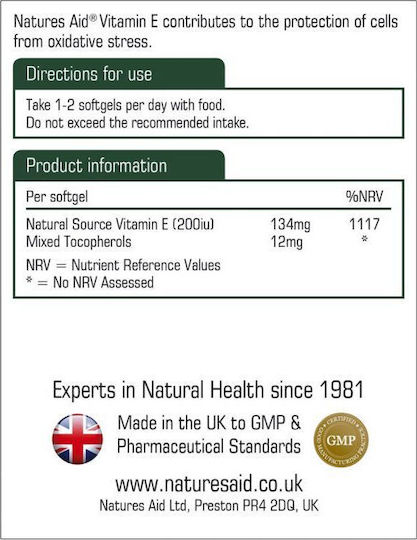 Natures Aid Vitamin E Vitamin for the Skin & Antioxidant Action 200iu 12mg 60 softgels