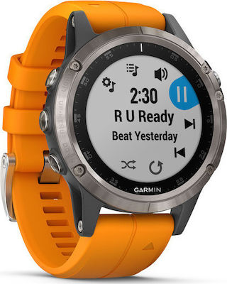 Garmin Fenix 5 Plus Stainless Steel 47mm Αδιάβροχο Smartwatch με Παλμογράφο (Titanium Orange)