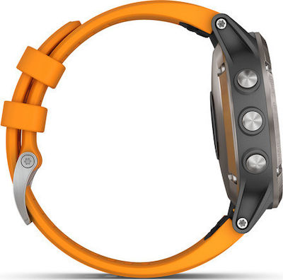 Garmin Fenix 5 Plus Stainless Steel 47mm Αδιάβροχο Smartwatch με Παλμογράφο (Titanium Orange)