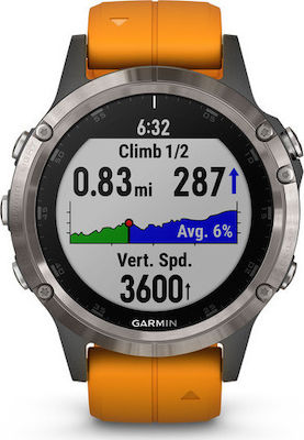 Garmin Fenix 5 Plus Stainless Steel 47mm Αδιάβροχο Smartwatch με Παλμογράφο (Titanium Orange)